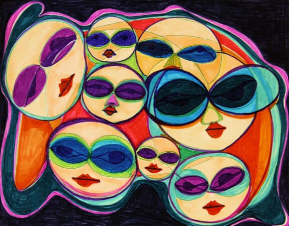 Abstract expressionist painting of a happy crowd of people wearing sunglasses.