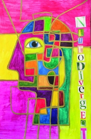A vibrant picture of a stylised face, with cut out letters spelling “neurodivergent” down the right side. 